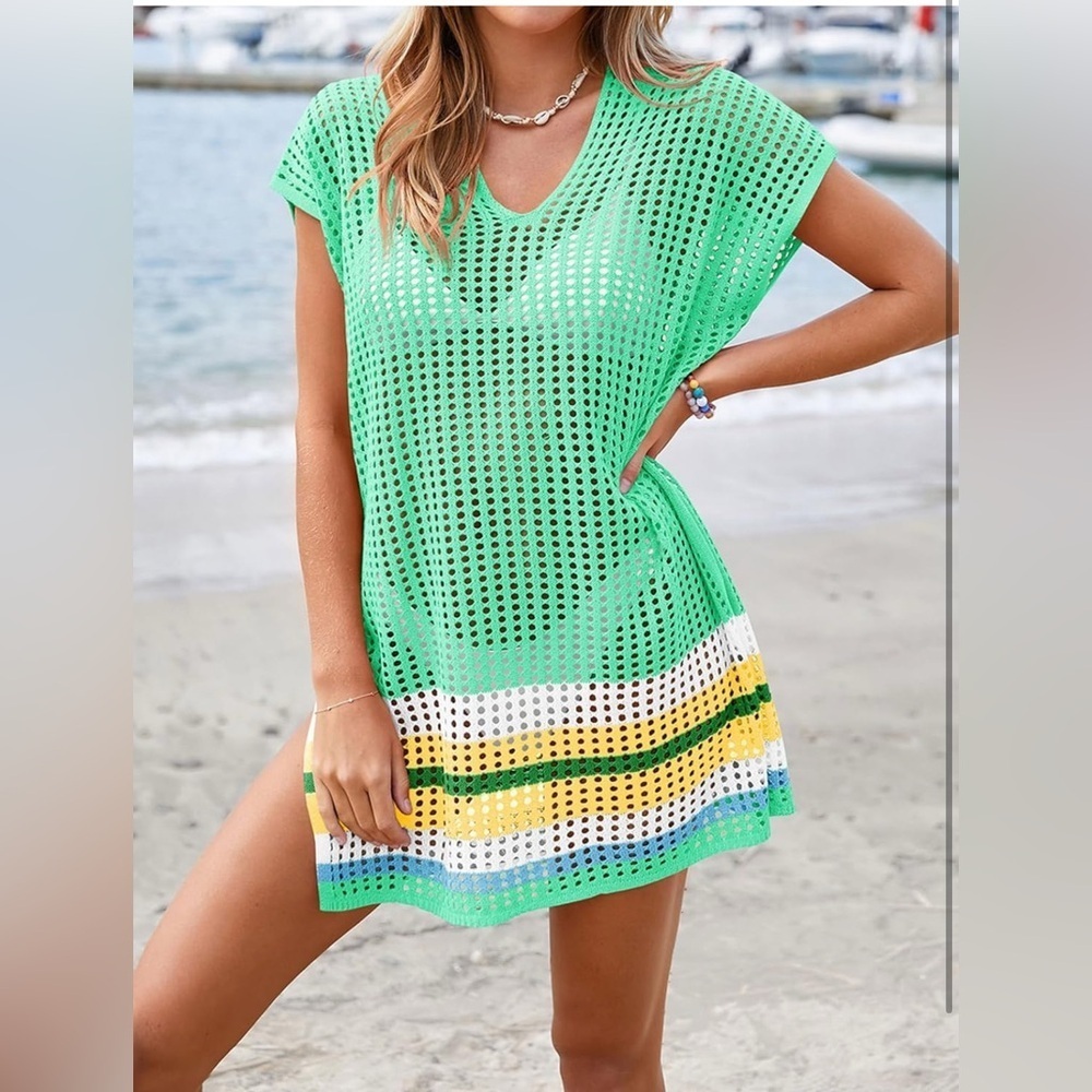 New-Green Mesh Beach Cover-Up
V Neck Swimwear  Mesh Mini Dress
Small- Medium